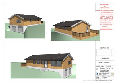 3D-visualisering (perspektivtegning) av en eksisterende bygning med tre ulike vinkler.