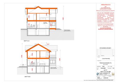 Snittegning (SNITT A-A og SNITT B-B) som viser tverrsnittet gjennom huset med høyder, romfordeling og konstruksjonsdetaljer.