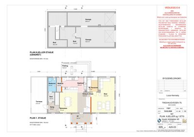 Plantegning som viser romfordeling og dimensjoner for kjeller- og 1. etasje.