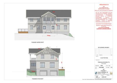 Fasadetegning som viser bygningens utseende fra nord/vest og syd/vest, inkludert mål og detaljer.