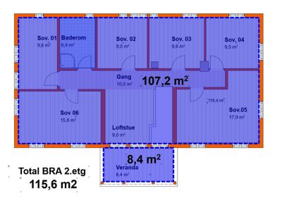Etasjeplan (BRA) for 2. etasje med romfordeling, arealer og totalt BRA-areal.