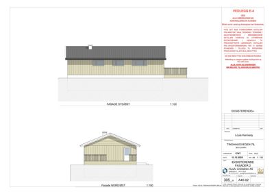 Fasadetegning som viser bygningens utseende fra sydøst og nordøst.