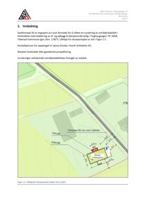 Utklipp fra situasjonsplan som viser eksisterende og planlagt bygning (til- og påbygg) med angitte mål og høydeforskjeller.