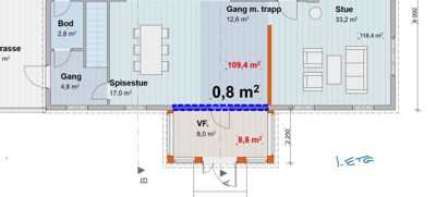 Etasjeplan (1. etasje) med romfordeling, arealer og funksjoner som stue, spisestue og gang.