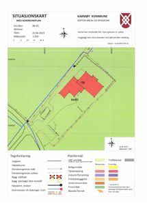 Situasjonskart med kommuneplan for eiendommen 84/65 i Karmøy kommune, som viser eiendomsgrenser, formål og trafikkareal.