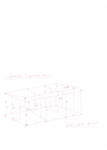 En håndtegnet 3D-visualisering (isometrisk tegning) av en garasje med angitte mål og romfordeling.