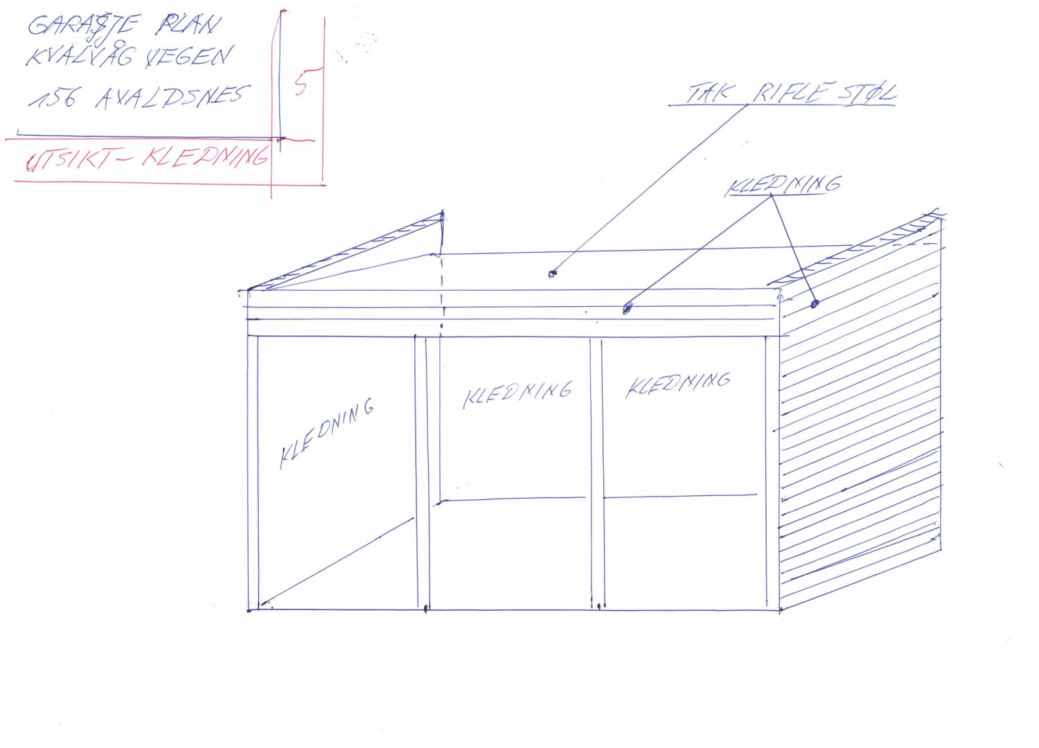Håndtegnet fasadetegning av en garasje med merking av kledning og takkonstruksjon.