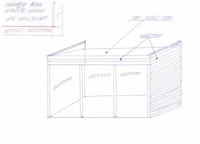 Håndtegnet fasadetegning av en garasje med merking av kledning og takkonstruksjon.