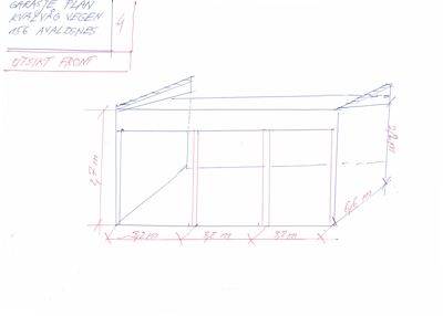 Håndtegnet garasjeplan med dimensjoner og utsikt front