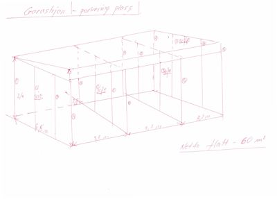 En håndteget etasjeplan (eller snittplan) som viser romfordeling, dimensjoner og veggposisjon for en garasje.