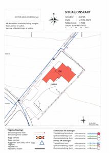 Situasjonskart som viser eiendomsnummer 84/65, bygning 156, kommunale og private VA-ledninger, samt eiendomsgrenser og høydekurver.
