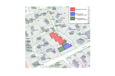 Situasjonsplan som viser eiendomsinndeling, eksisterende og nybyggeri med fargekoding (rødt for uberart, blått for oppgradert, grønt for nybygging).