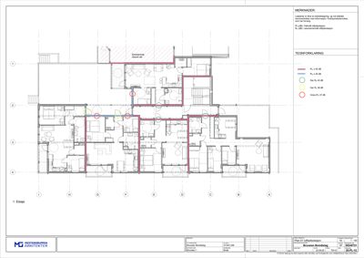 Etasjeplan (1. etasje) som viser romfordeling, vegger og dører med lydteknisk merking.