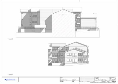 Fasadetegning som viser bygningens utseende fra to ulike vinkler (Fasade 3 og Fasade 4).