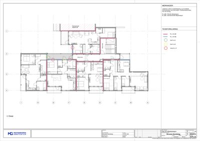 Etasjeplan for 2. etasje av en leilighetsbygning, som viser romfordeling, vegger og dører.