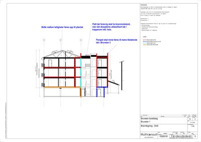 Snittegning av en bygning (Bruveien 1) som viser konstruksjonen, brannmotstand og etasjeskiller.