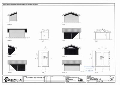 Fasadetegninger og snitt for en car-port (bilport) med oppgitt mål og detaljer.