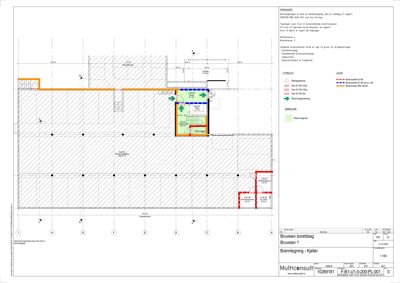 En brannrisikokartlegging (branntegning) som viser romfordeling, brannklasser og brannsikkerhetstiltak for et bygg.
