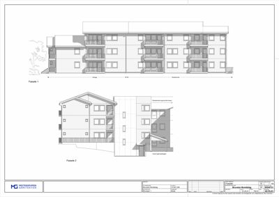 Fasadetegning som viser bygningens utseende fra to sider (Fasade 1 og Fasade 2) med detaljer om vinduer, balkonger og takform.