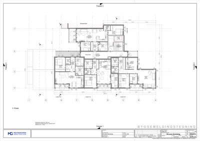 Etasjeplan (3. etasje) som viser romfordeling, vegger og dører for en bygning.