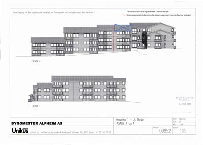 Fasadetegning som viser bygningens utseende fra to sider (FASADE 1 og FASADE 4).