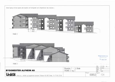 Tegning som viser fasadeopprikk for FASADE 2 og FASADE 3 av en bygning.
