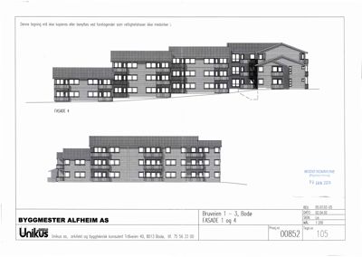 Tegning som viser fasadeopprikk (FASADE 1 og 4) for et bygg på Bruveien 1-3 i Bøde.