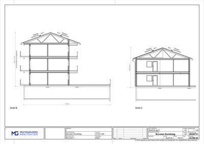 Snittegning (Snitt B og C) som viser bygningens tverrsnitt, høyder, takkonstruksjon og romfordeling.