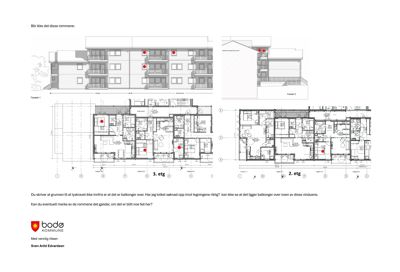 Bildet viser etasjeplaner (2. etg og 3. etg) med romfordeling, balkonger og vinduer, samt fasadeopprikk. Det er også inkludert en e-posttekst om byggesaken.