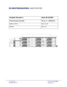 Fasadetegning av et fleretasjes bygg med balkonger og vinduer, inkludert et premissnotat for akustikk.