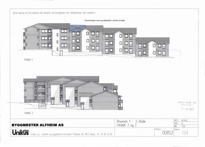 Tegning som viser fasadeopprikk for Bruveien 1-3 i Bodø, med to utsnitt (Fasade 2 og Fasade 3) som illustrerer bygningens ytre utseende.
