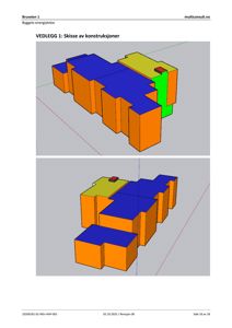 3D-modellering (rendering) av bygningens volum og konstruksjoner, sannsynligvis for å illustrere energitilstand eller bygningsdeling.