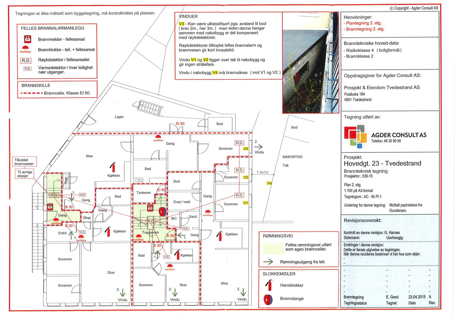 Etasjeplan (Plan 2) med brannsikringstegning, inkludert romfordeling, utstyr og brannskille.