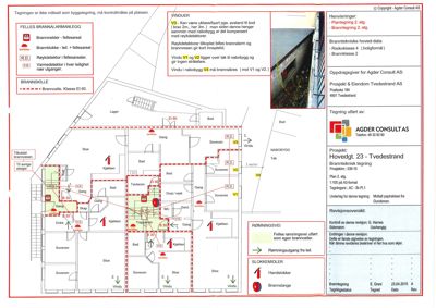 Etasjeplan (Plan 2) med brannsikringstegning, inkludert romfordeling, utstyr og brannskille.