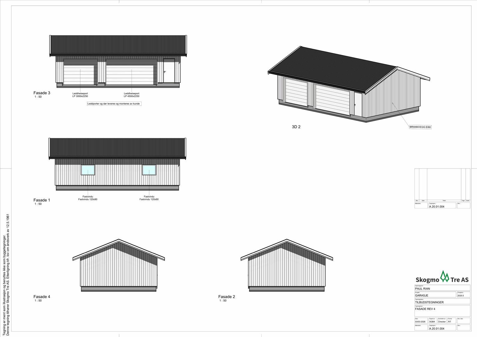 Fasadetegninger som viser fronten på en bygning (garasje) med detaljer om materialer og mål.