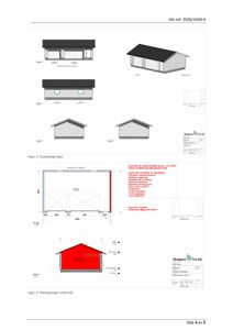 Bildet viser en samling fasadetegninger (Figur 1) og plantegninger med mål (Figur 2) for en bygning.