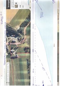 Situasjonsplan med terrengprofil og plasseringslinjer for en garasje.