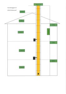 Snittegning som viser etasjeskift, høyder og plassering av en røyk- og varmekanal (Pipe nr. 3) i forhold til bygningens konstruksjon.