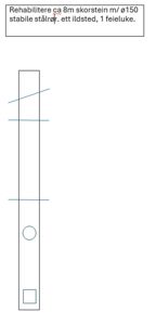 Teknisk detaljtegning av en skorstein med angivelse av dimensjoner (ø150), lengde (ca 8m) og utstyr (ildsted, feieluke).