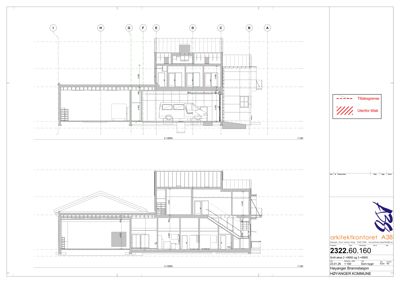 Snittegning som viser bygningens tverrsnitt, romfordeling, høyder og konstruksjon.