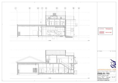 Snittegning som viser bygningens tverrsnitt, romfordeling, høyder og konstruksjon.