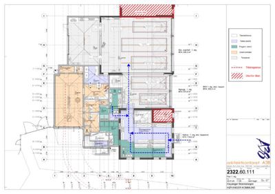 Etasjeplan (Plan 1. etg) for en bygning, som viser romfordeling, arealer (BTA), trapp og tiltaksgrenser.