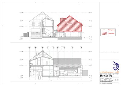 Snittegning som viser bygningens tverrsnitt, høyder, romfordeling og konstruksjon.