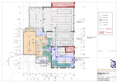 Etasjeplan (Plan 1. etg) for en bygning, som viser romfordeling, arealer (BTA), trapp og tiltaksgrenser.