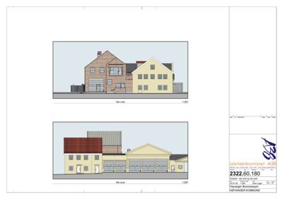Fasadetegning som viser bygningens utseende fra sør-vest og sør-øst