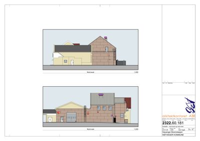 Fasadetegning som viser bygningens utsyn mot nord-aust og nord-vest.