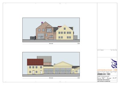 Fasadetegning som viser bygningens utseende fra sør-vest og sør-øst