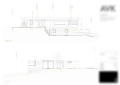 Fasadetegning som viser bygningens utseende fra nordvest og sørøst, inkludert vinduer, dører og takform.