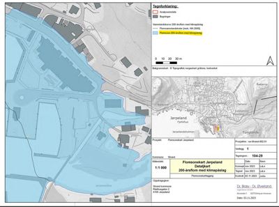 Et kart som viser en oversikt over Jørpeland med overlag for flomsoner og bygningsplasseringer.
