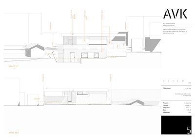 Fasadetegning med oppriss av bygning sett fra to vinkler (Sør-Vest og Nord-Øst), inkludert materialbeskrivelser og målestokk.